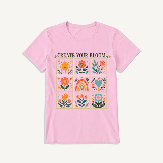 Folk Art Bloom Grid Print Crew Neck Cotton Tee