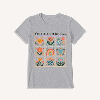 Folk Art Bloom Grid Print Crew Neck Cotton Tee