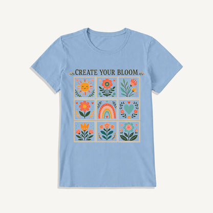 Folk Art Bloom Grid Print Crew Neck Cotton Tee