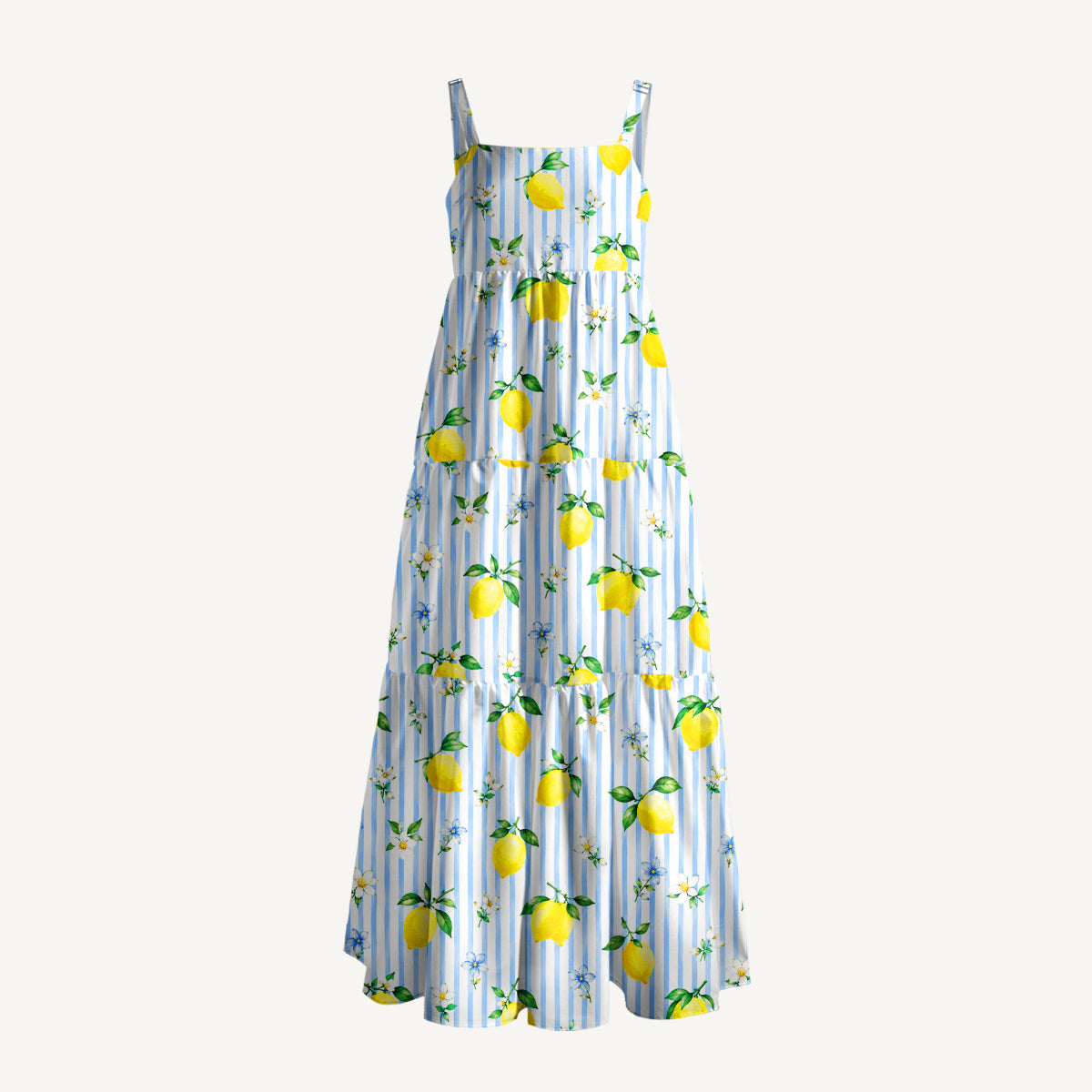 Summer Lemon Print Wide Straps Maxi Dress With Pockets
