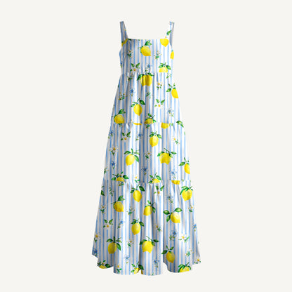 Summer Lemon Print Wide Straps Maxi Dress With Pockets