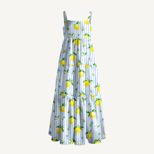 Summer Lemon Print Wide Straps Maxi Dress With Pockets
