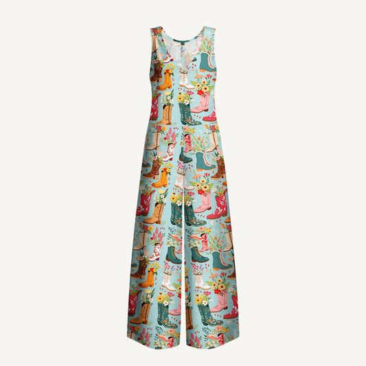 Boots Flower Print Boho Jumpsuit with Pockets for Women
