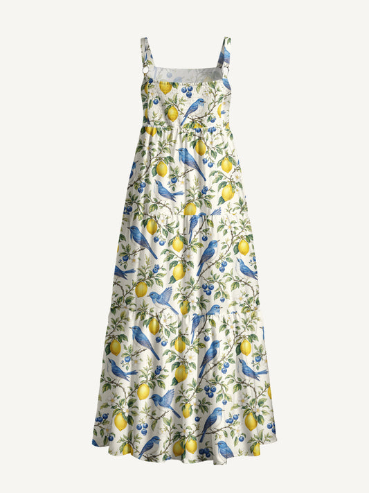 Bluebird Lemon Garden Print Wide Straps Maxi Dress With Pockets
