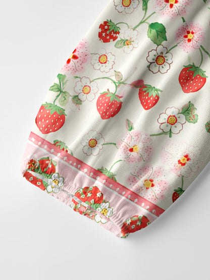 Strawberry Meadow Print Boho Long Sleeve Tie‑Neck Blouse