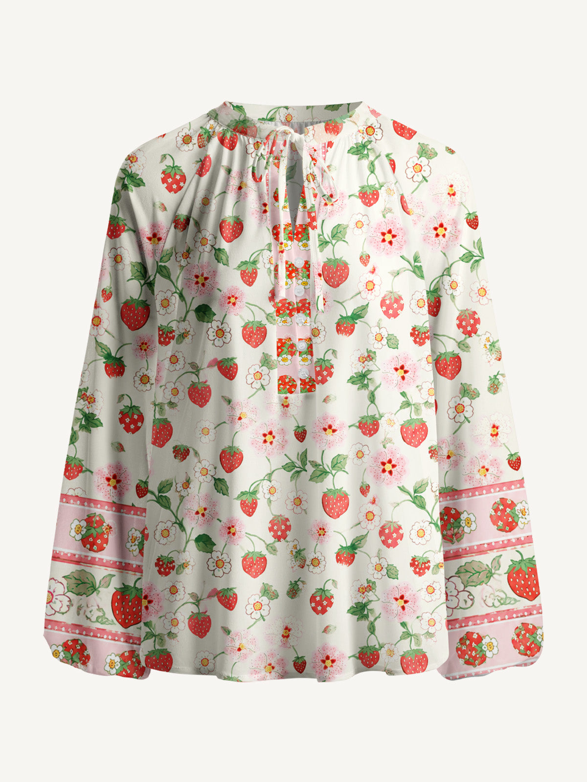 Strawberry Meadow Print Boho Long Sleeve Tie‑Neck Blouse