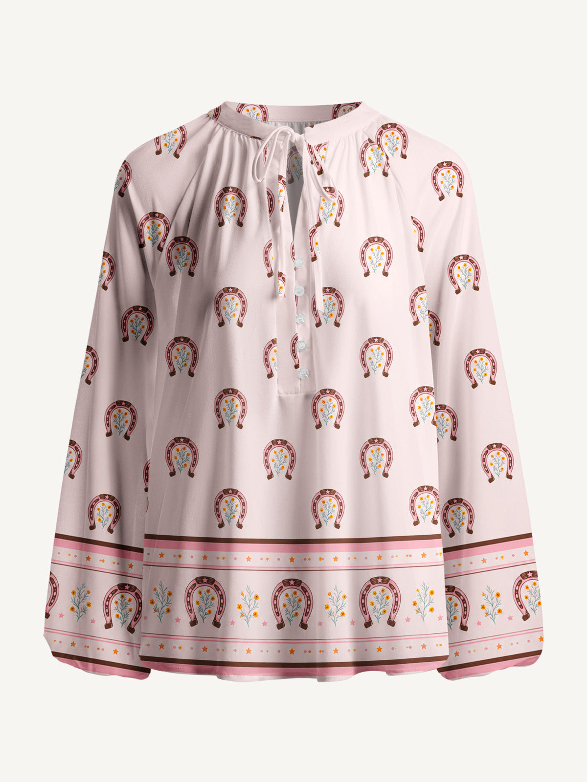 Blush Lucky Horseshoe Print Boho Long Sleeve Tie‑Neck Blouse