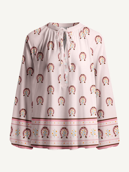 Blush Lucky Horseshoe Print Boho Long Sleeve Tie‑Neck Blouse