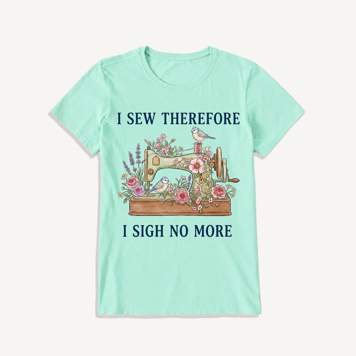 Floral Bird Sewing Serenity Print Crew Neck Cotton Tee