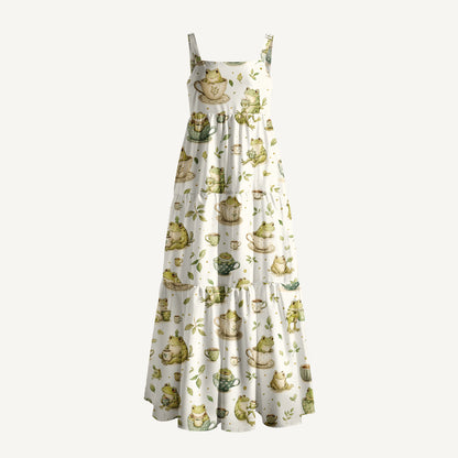 Whimsical Frogs and Teacups Print Wide Straps Maxi Dress With Pockets