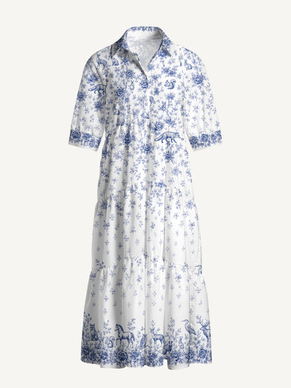 V Neck Collared Delft Blue Woodland Story Print Casual Midi Dress With Pockets