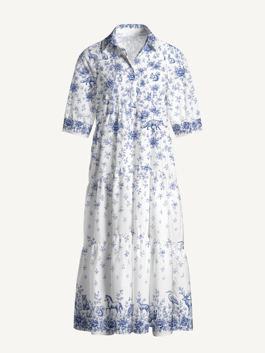 V Neck Collared Delft Blue Woodland Story Print Casual Midi Dress With Pockets