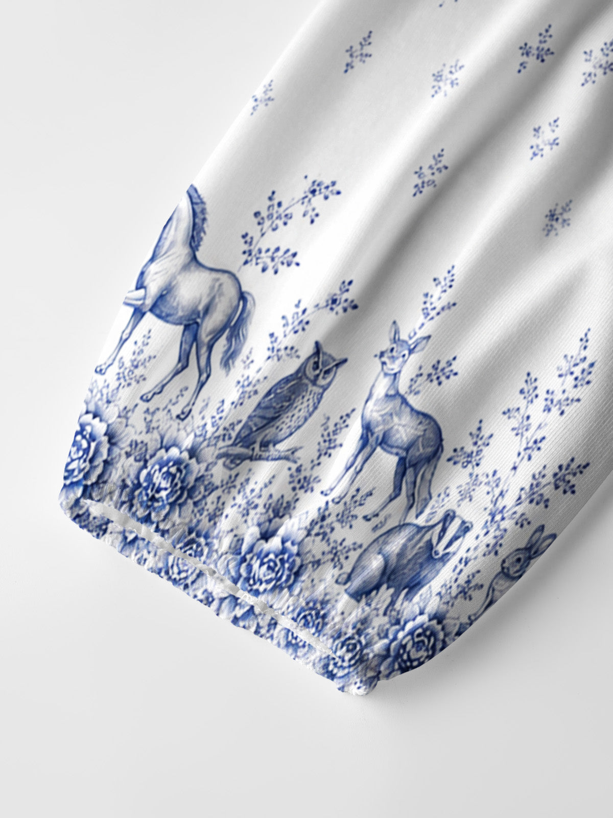 Delft Blue Woodland Story Print Boho Long Sleeve Tie‑Neck Blouse