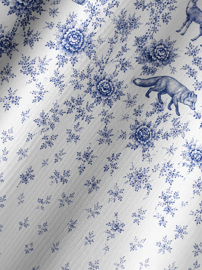 Delft Blue Woodland Story Print Boho Long Sleeve Tie‑Neck Blouse