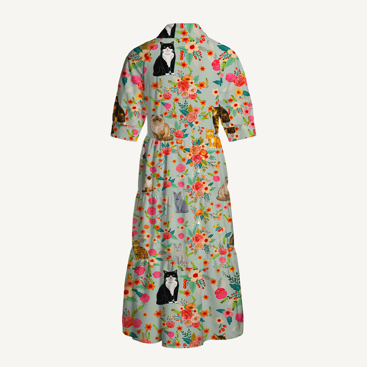 Flower Cat Midi Dress For Women With Pockets