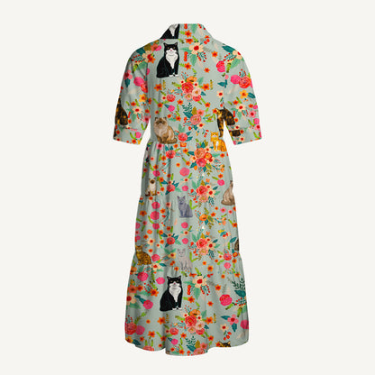 Flower Cat Midi Dress For Women With Pockets