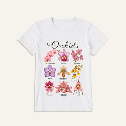Vintage Orchid Botanical Illustration Print Crew Neck Cotton Tee