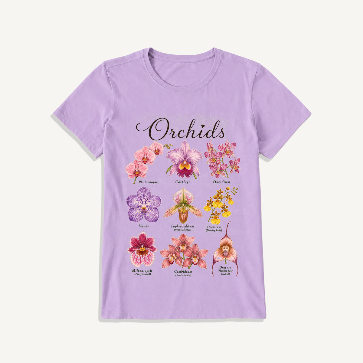 Vintage Orchid Botanical Illustration Print Crew Neck Cotton Tee