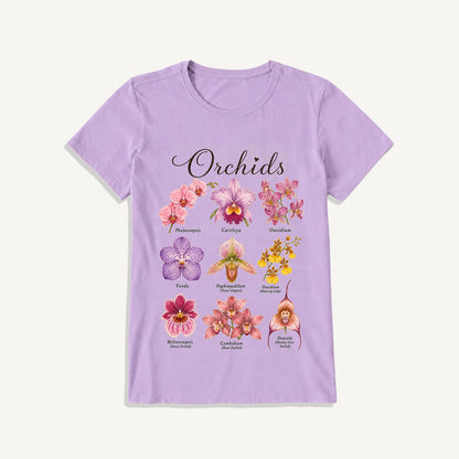 Vintage Orchid Botanical Illustration Print Crew Neck Cotton Tee
