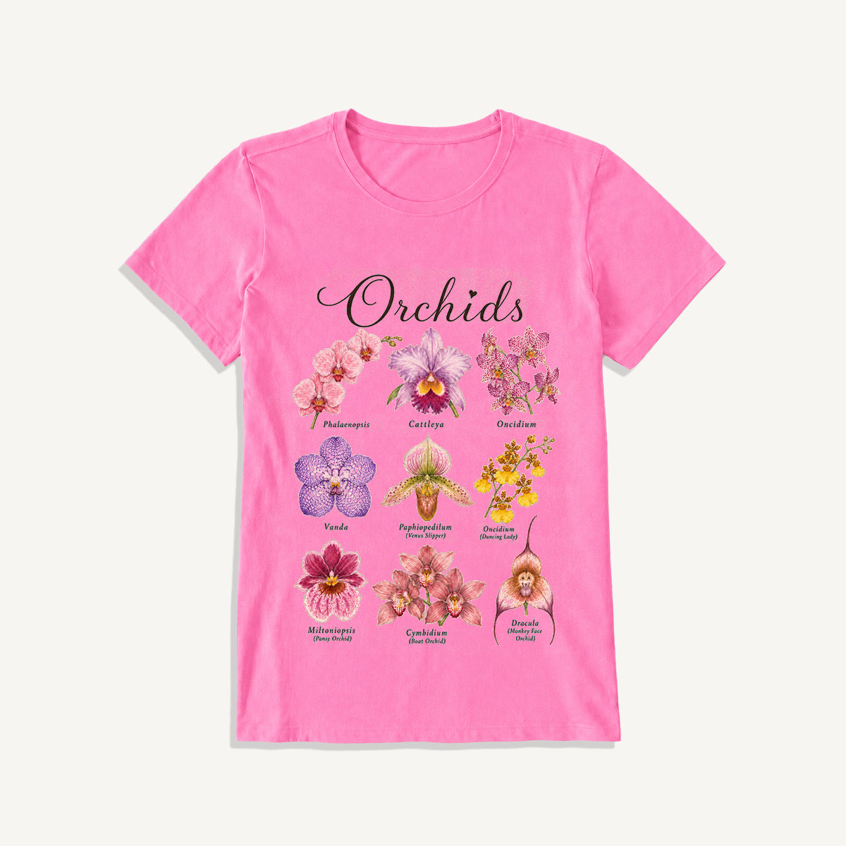 Vintage Orchid Botanical Illustration Print Crew Neck Cotton Tee