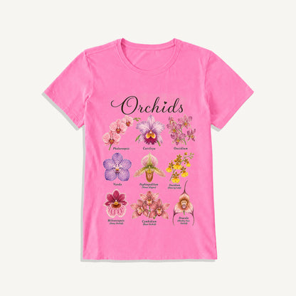 Vintage Orchid Botanical Illustration Print Crew Neck Cotton Tee