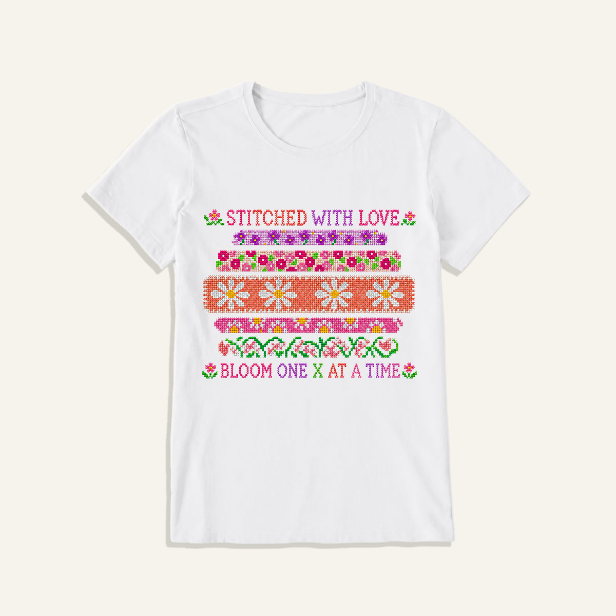 Floral Cross-Stitch Sampler Print Crew Neck Cotton Tee