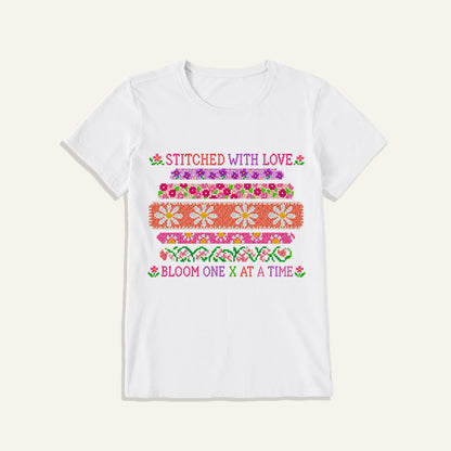 Floral Cross-Stitch Sampler Print Crew Neck Cotton Tee