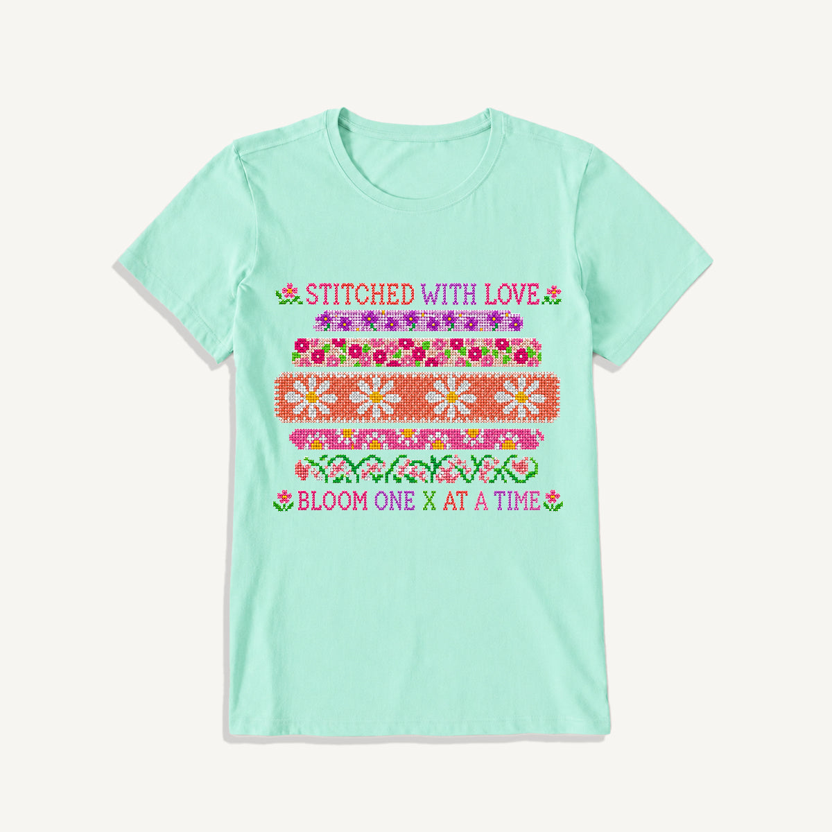 Floral Cross-Stitch Sampler Print Crew Neck Cotton Tee