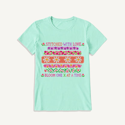 Floral Cross-Stitch Sampler Print Crew Neck Cotton Tee