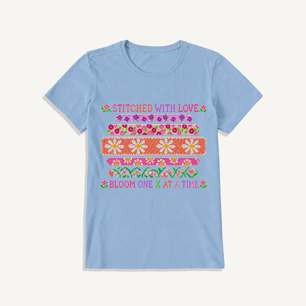 Floral Cross-Stitch Sampler Print Crew Neck Cotton Tee