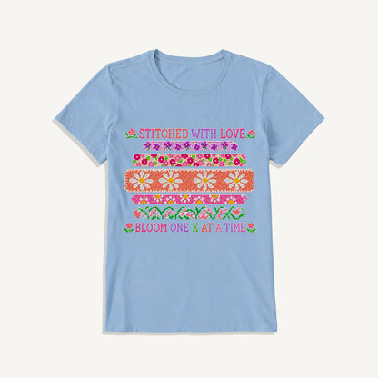 Floral Cross-Stitch Sampler Print Crew Neck Cotton Tee