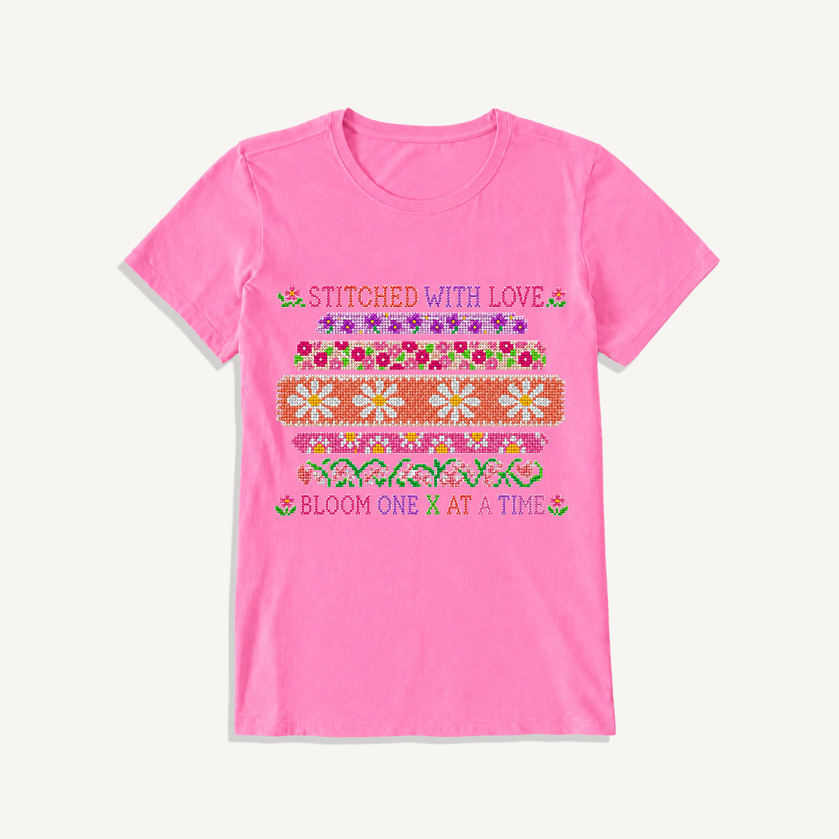 Floral Cross-Stitch Sampler Print Crew Neck Cotton Tee