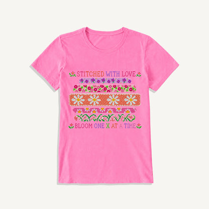 Floral Cross-Stitch Sampler Print Crew Neck Cotton Tee
