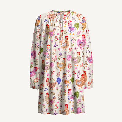 Colorful Farm Chickens Print Boho Tie‑Neck Smock Mini Dress