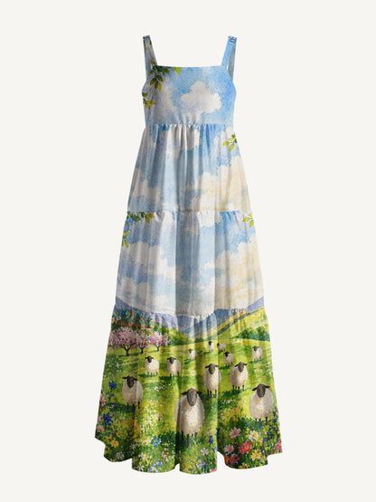 Spring Meadow Sheep and Blossoms Landscape Print Wide Straps Maxi Dress With Pockets