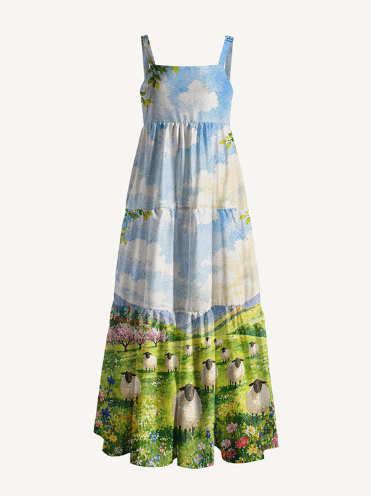 Spring Meadow Sheep and Blossoms Landscape Print Wide Straps Maxi Dress With Pockets