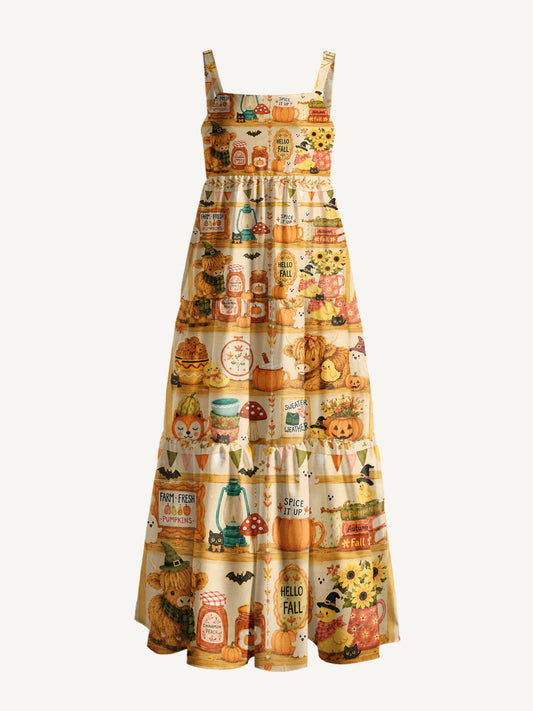 Cozy Autumn Shelves Print Wide Straps Maxi Dress With Pockets