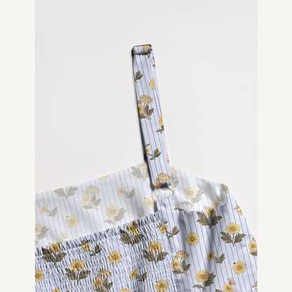 Square Neck Blue Marigold Print Wide Straps Maxi Dress With Pockets