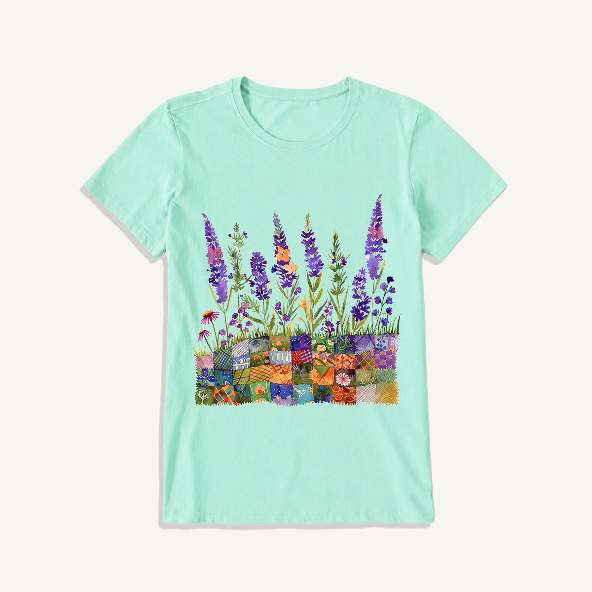 Lavender on Patchwork Meadow Print Crew Neck Cotton Tee