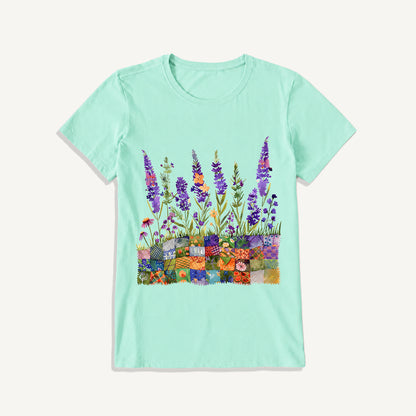 Lavender on Patchwork Meadow Print Crew Neck Cotton Tee
