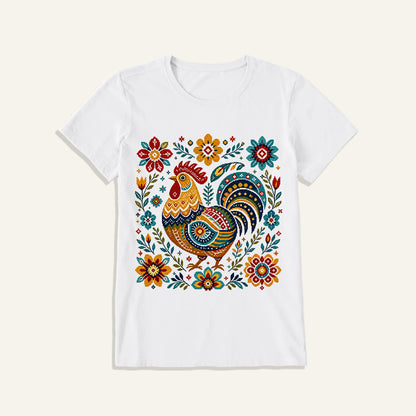 Folk Art Rooster Embroidery Print Crew Neck Cotton Tee