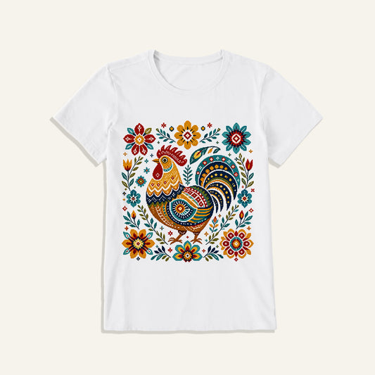 Folk Art Rooster Embroidery Print Crew Neck Cotton Tee