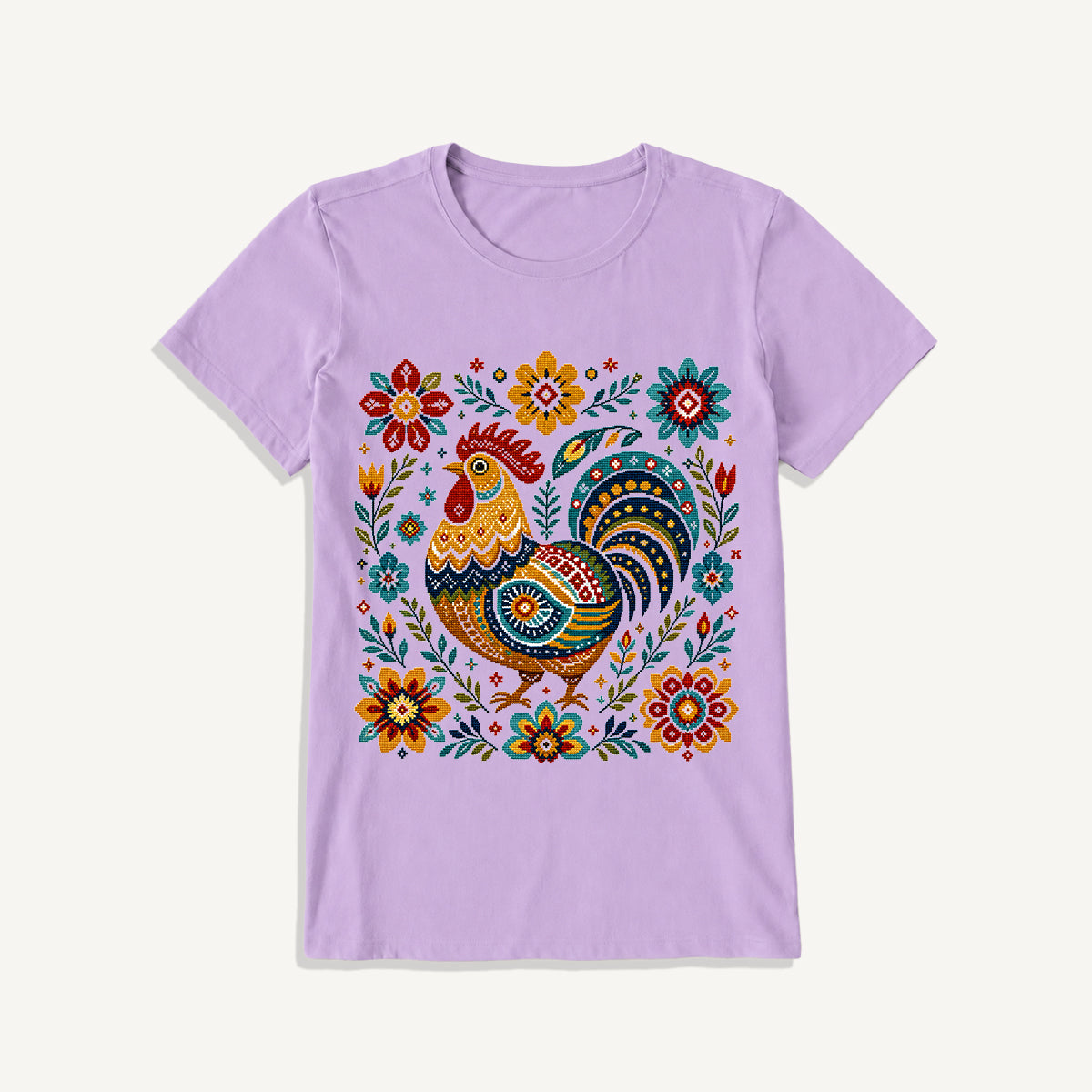 Folk Art Rooster Embroidery Print Crew Neck Cotton Tee