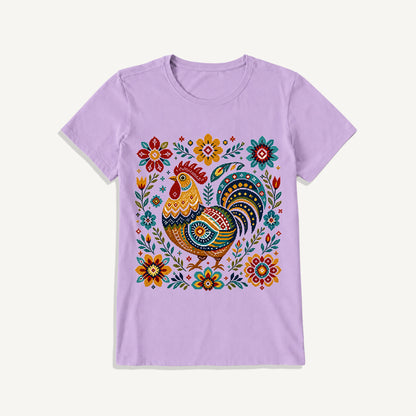Folk Art Rooster Embroidery Print Crew Neck Cotton Tee