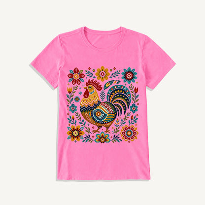 Folk Art Rooster Embroidery Print Crew Neck Cotton Tee