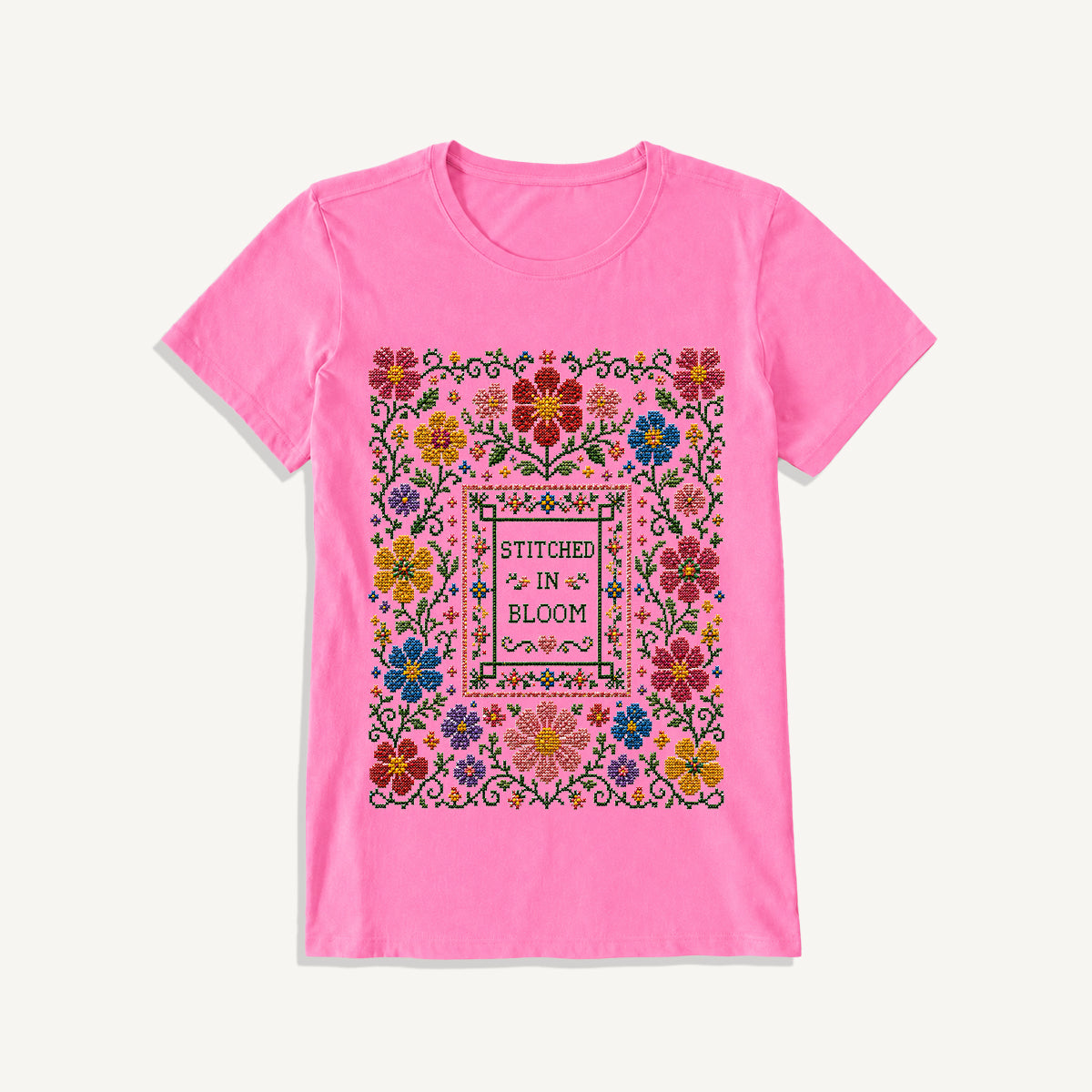 Blooming Folk Floral Cross-Stitch Print Crew Neck Cotton Tee
