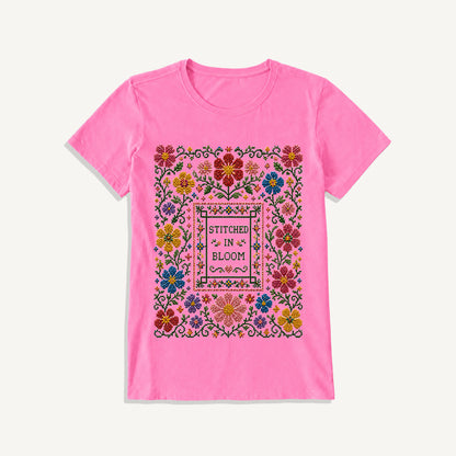 Blooming Folk Floral Cross-Stitch Print Crew Neck Cotton Tee