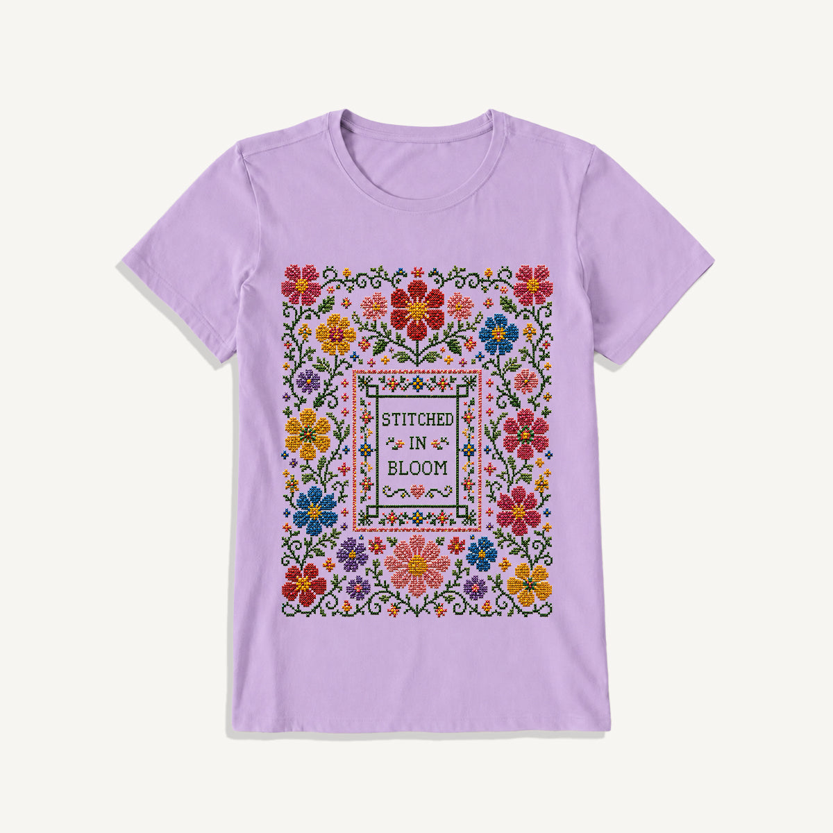 Blooming Folk Floral Cross-Stitch Print Crew Neck Cotton Tee