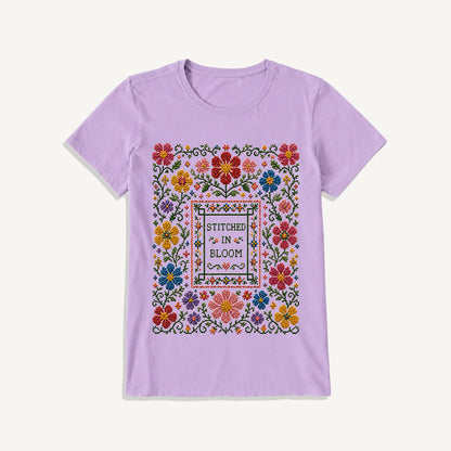 Blooming Folk Floral Cross-Stitch Print Crew Neck Cotton Tee