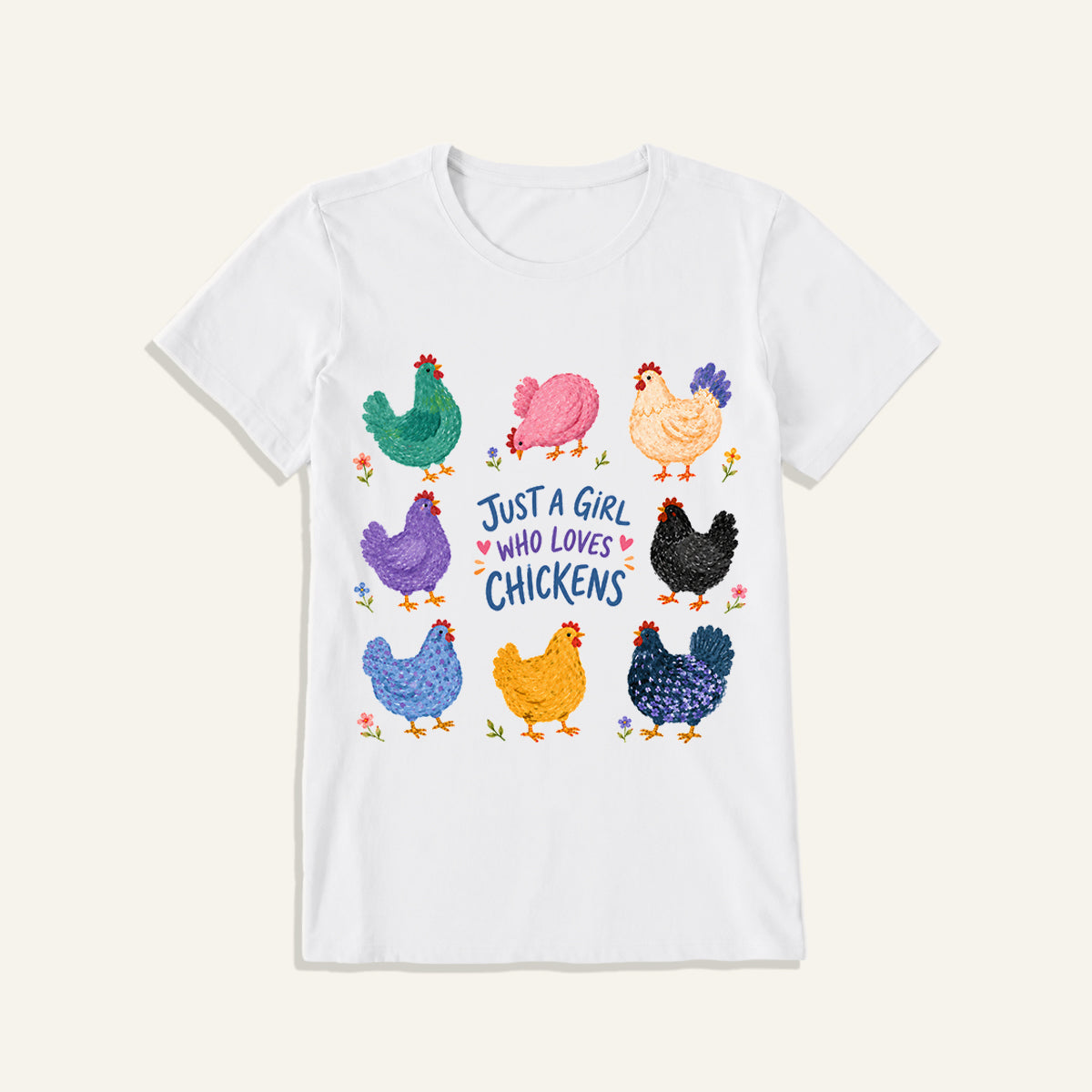 Colorful Chicken Garden Print Crew Neck Cotton Tee